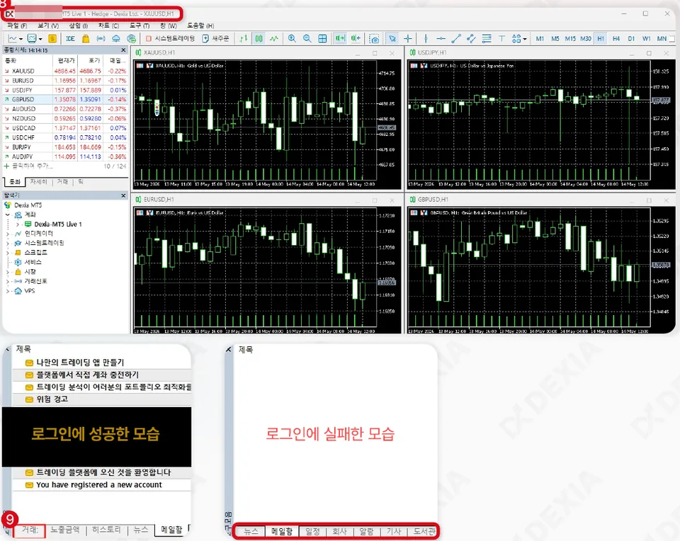 MT5 로그인에 성공한 화면과 실패한 화면의 도구모음 비교