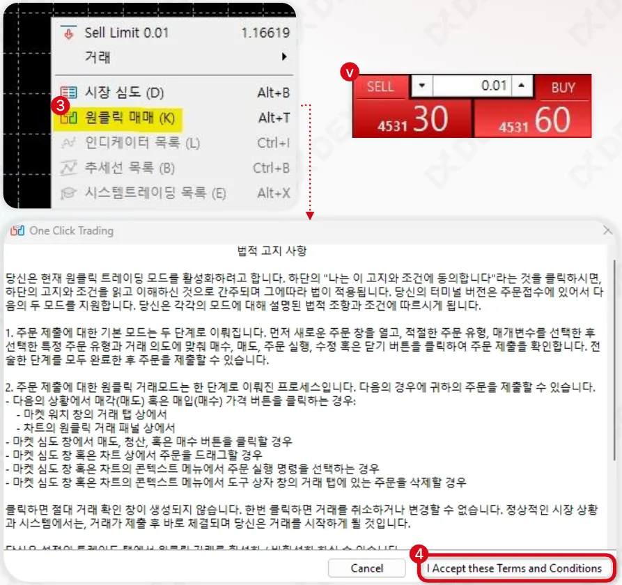 차트 우클릭 메뉴의 원클릭 매매와 SELL, BUY 버튼, 약관 동의 창